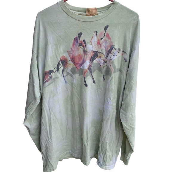 The Mountain Other - The Mountain Native American Horses Watercolor Art Long Sleeve Tee Shirt Size XL